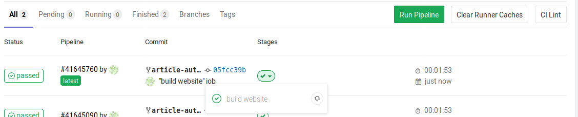 The job "Build website" is still running